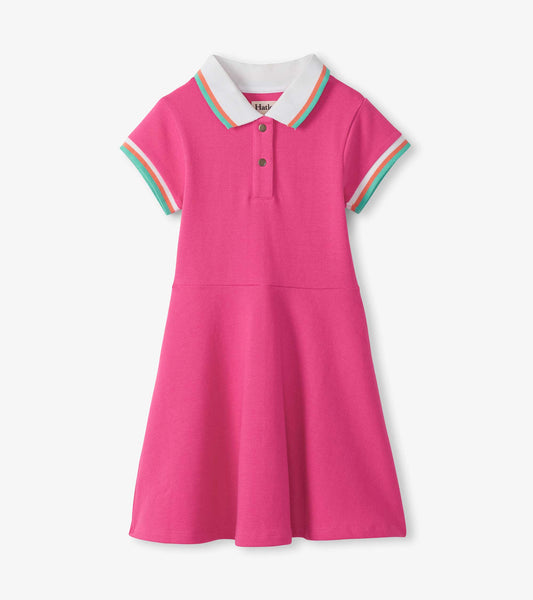 Pink short-sleeve polo dress with white collar, striped trim, and button placket, front view