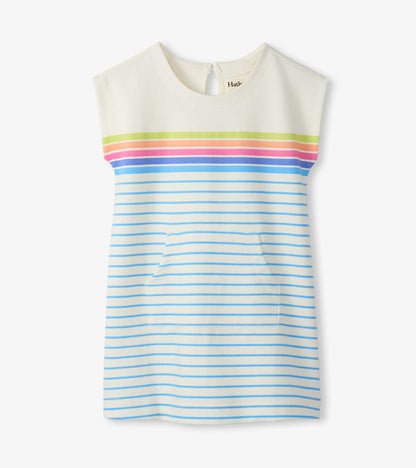 Girls cream slouchy dress with rainbow and blue horizontal stripes, sleeveless front view