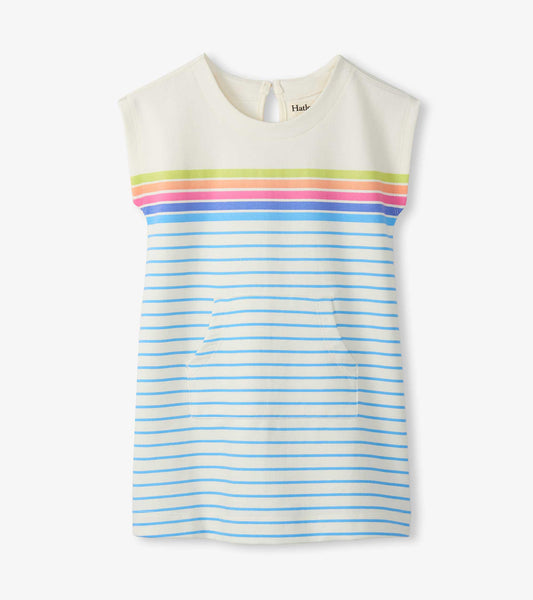 Girls cream slouchy dress with rainbow and blue horizontal stripes, sleeveless front view