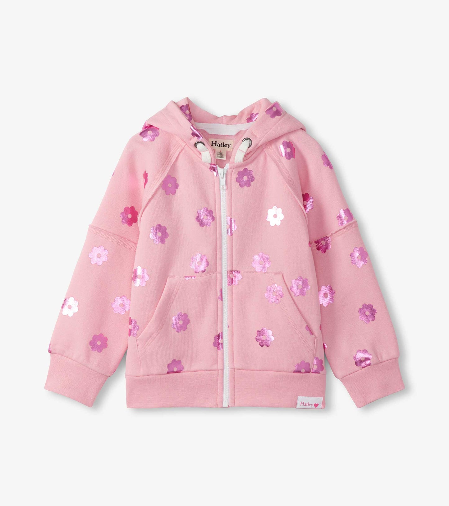 Pink girls' zip-up hoodie with purple floral print, hood, front pockets, and long sleeves, front view