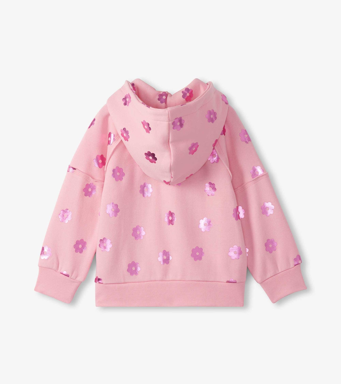 Pink girls' full-zip hoodie with purple floral print, hood, long sleeves, and ribbed cuffs and hem, back view