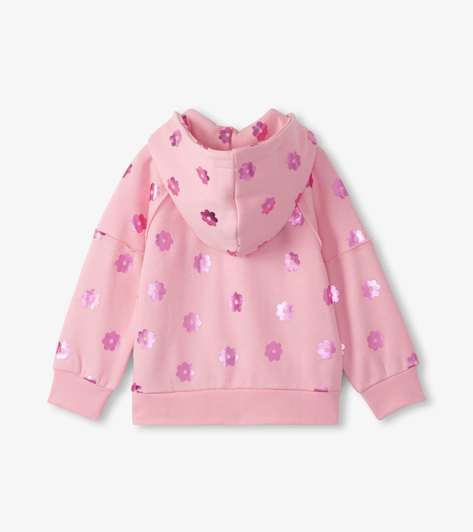 Pink girls' full-zip hoodie with purple floral print, hood, long sleeves, and ribbed cuffs and hem, back view