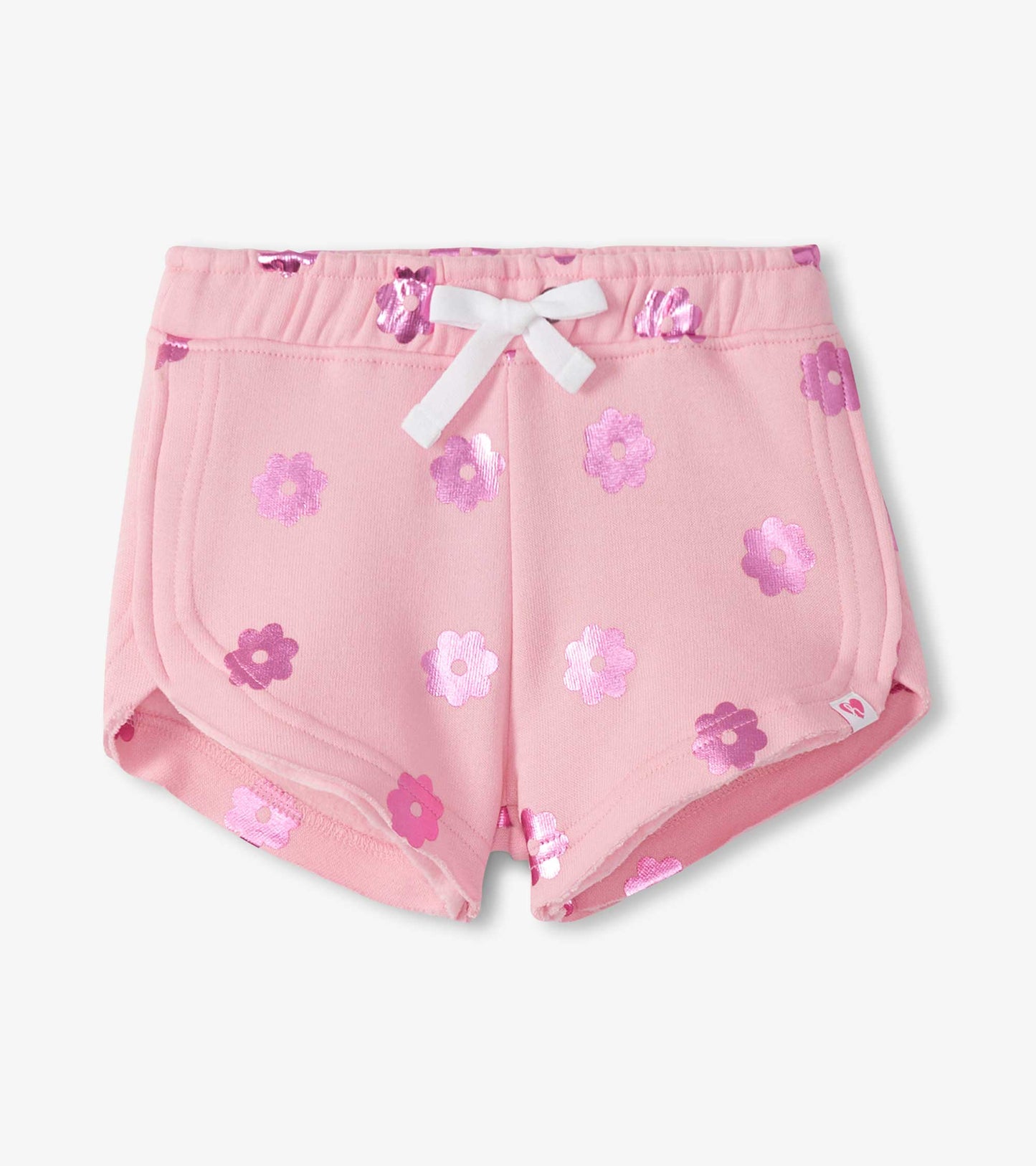 Pink girls pull-on shorts with pink floral print and white drawstring, front view