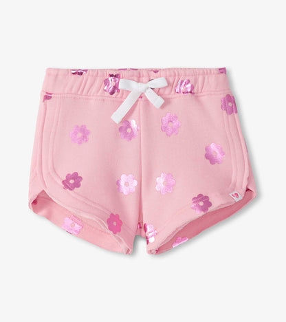 Pink girls pull-on shorts with pink floral print and white drawstring, front view
