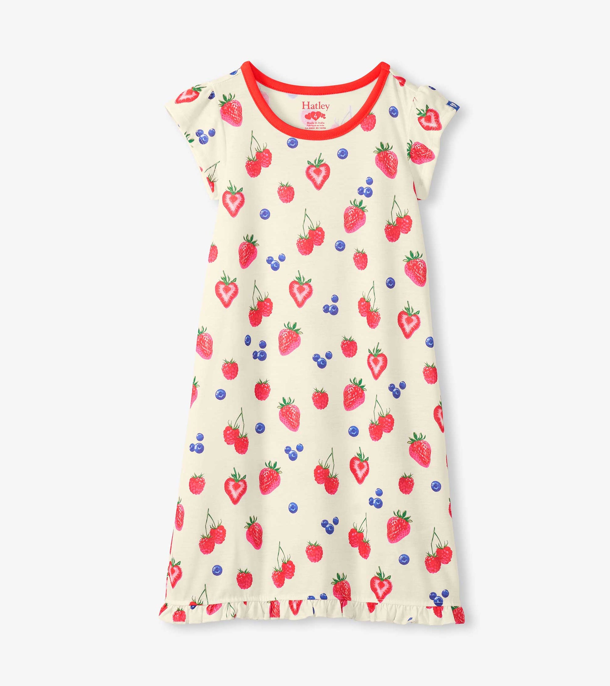 Girls cream nightdress with strawberry and berry print, red trim, and ruffle hem, front view