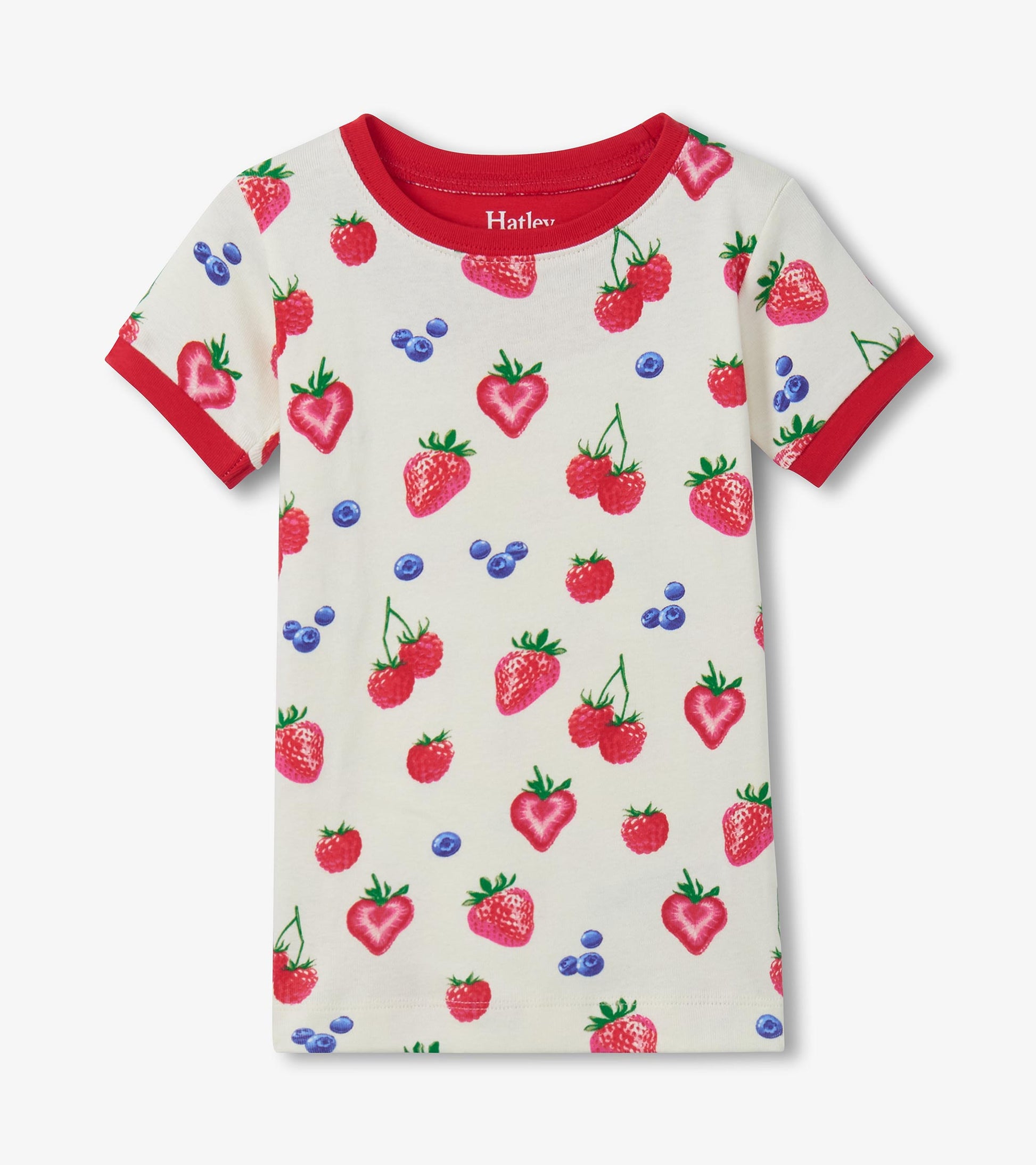 Girls cream cotton short-sleeve pajama top with red trim and colorful berry print, front view
