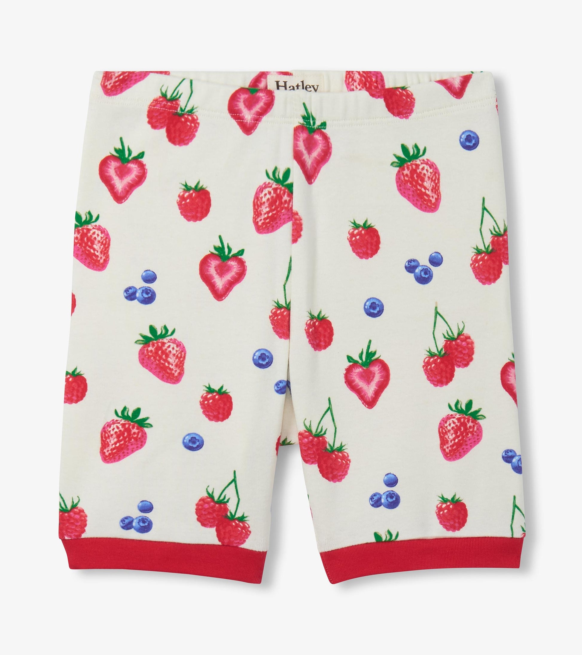 Girls cream cotton pajama shorts with strawberry, raspberry and blueberry print and red trim
