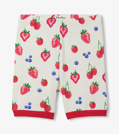 Girls cream cotton pajama shorts with strawberry, raspberry and blueberry print and red trim