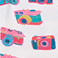 View Girls Sketchy Cameras Bamboo Short Pajama Set - Three pink and blue cartoon cameras with yellow lenses on a white background