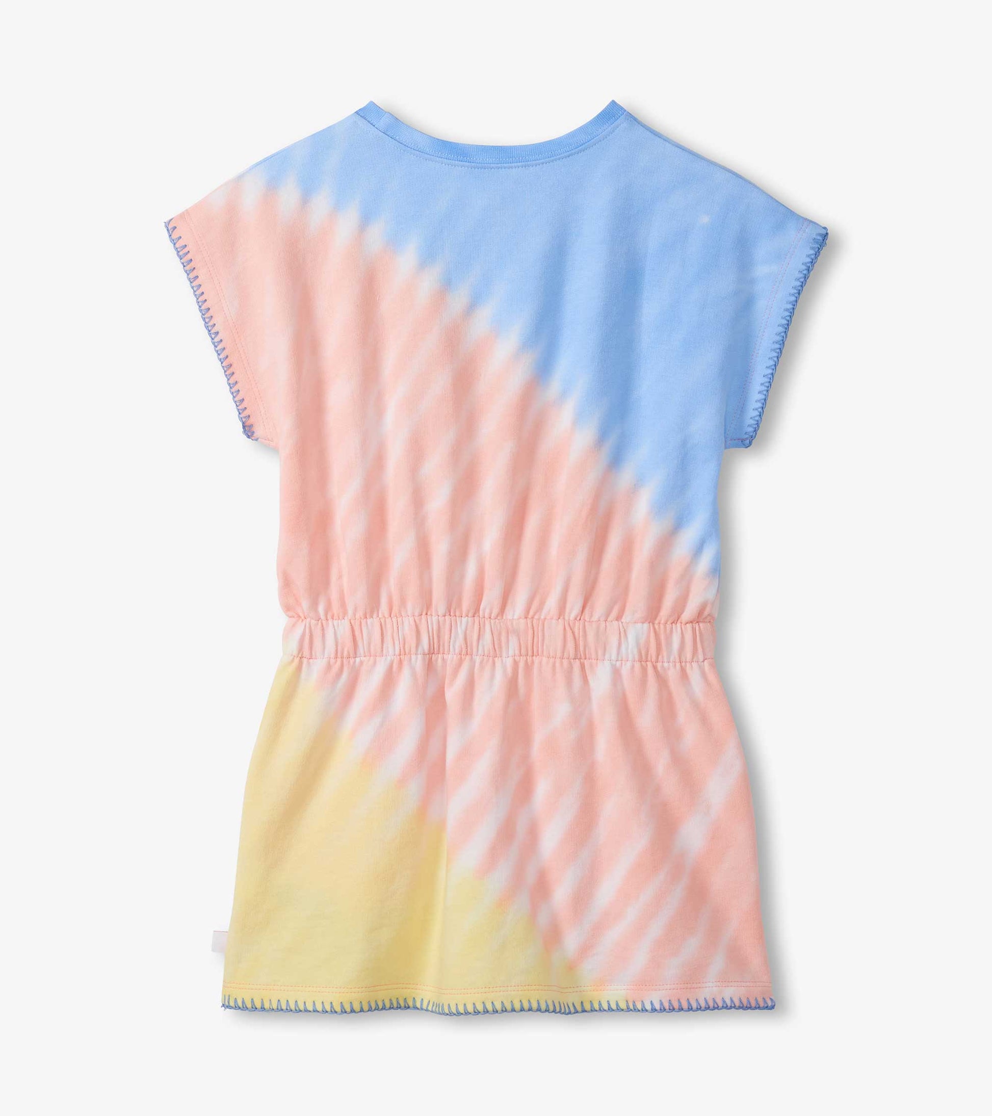 Girls pastel tie-dye pull-on dress with short sleeves and elastic waist, back view