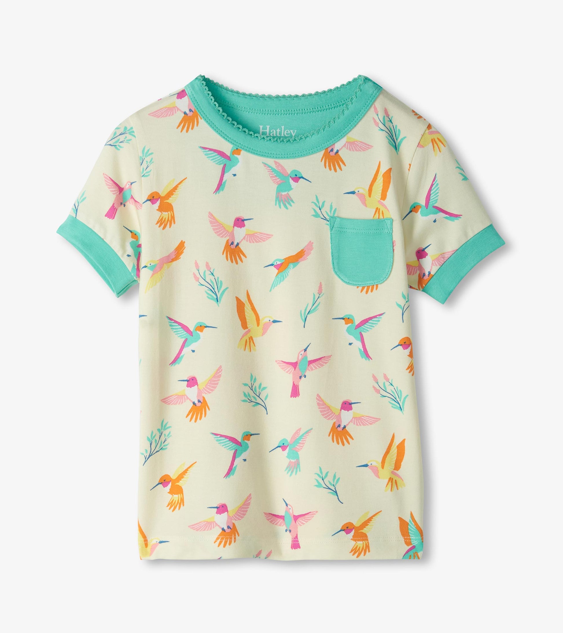 Cream short-sleeve pajama top with colorful hummingbird print, teal trim, and chest pocket, front view