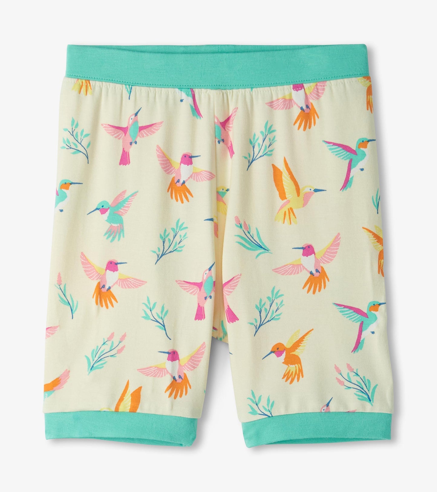 Girls cream bamboo pajama shorts with colorful hummingbird print and teal waistband and cuffs