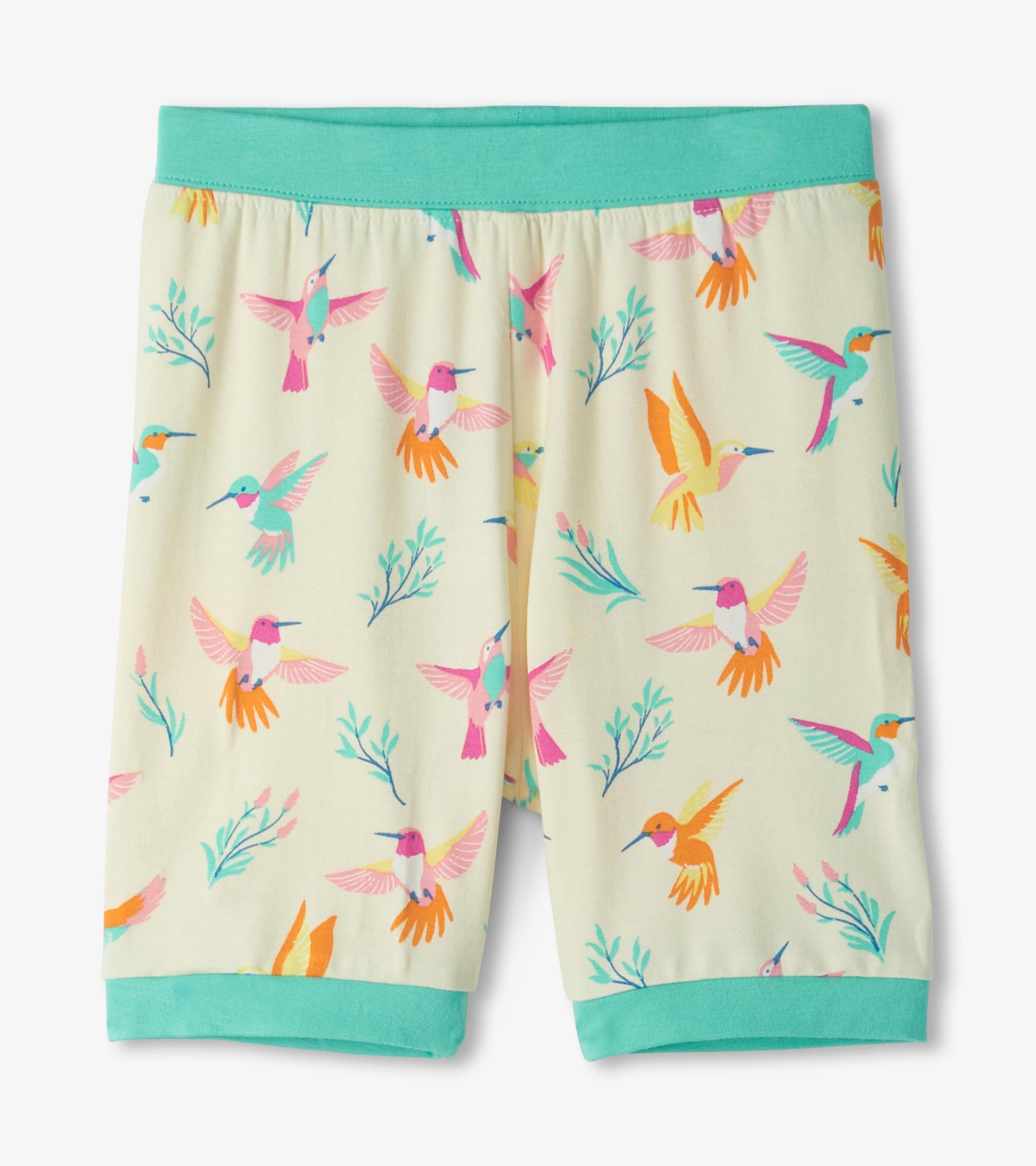 Girls cream bamboo pajama shorts with colorful hummingbird print and teal waistband and cuffs