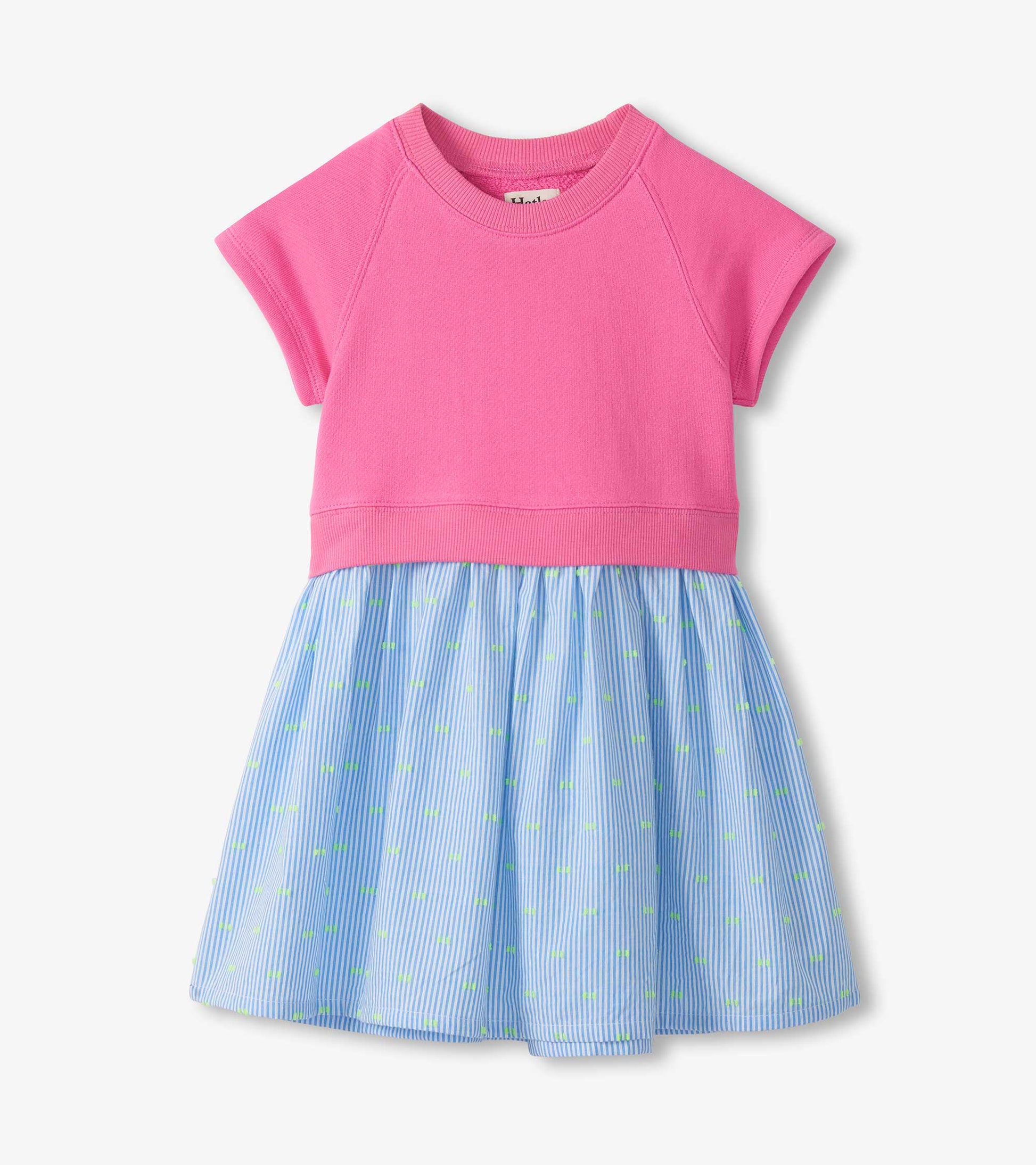 Pink short-sleeve dress with blue striped skirt and small green strawberry print, front view