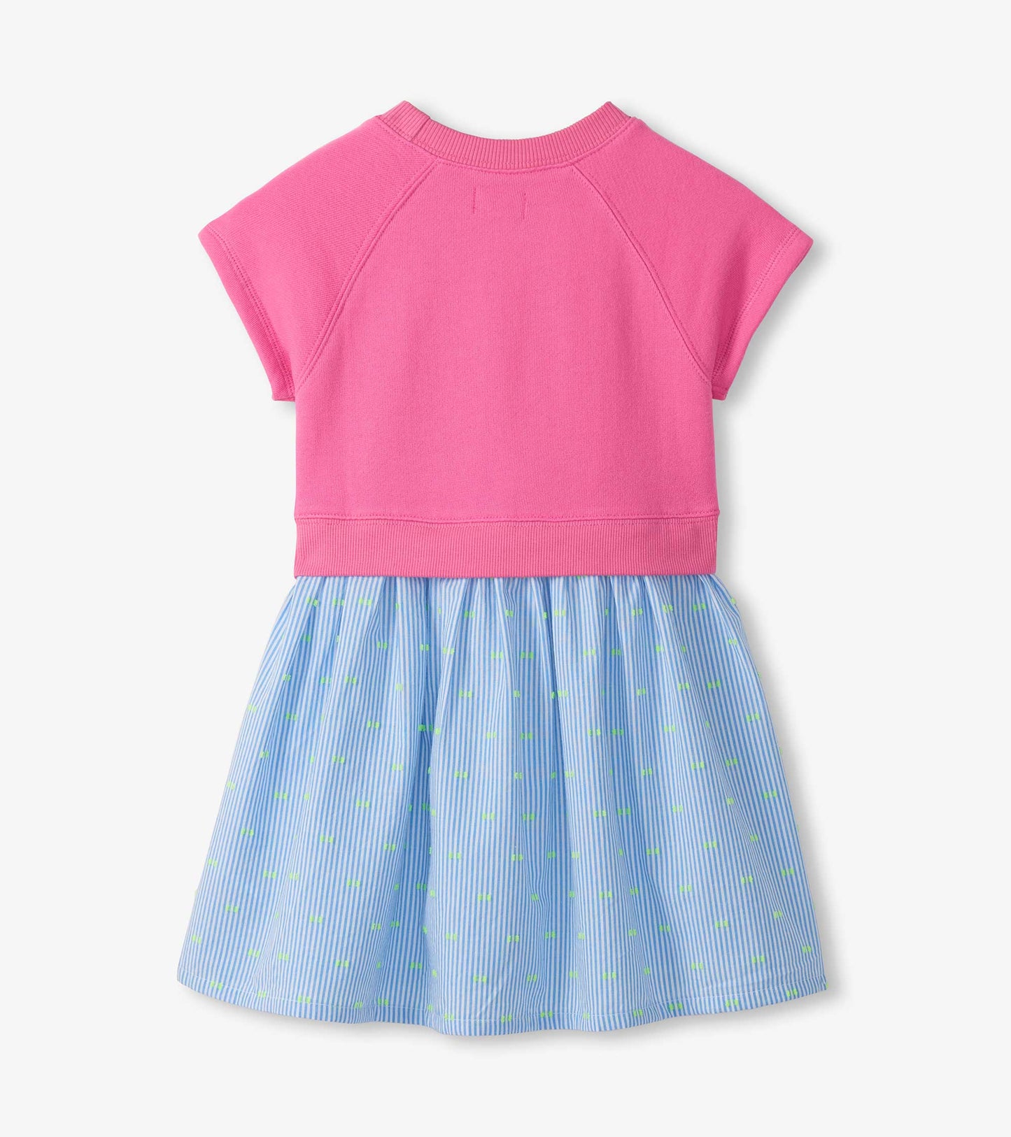 Pink short-sleeve dress with blue striped skirt and small green dot pattern, back view