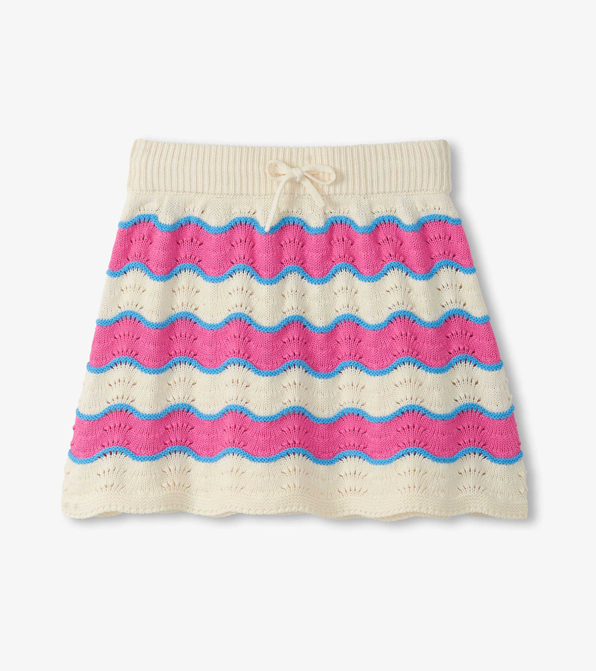 Girls cream crochet skirt with pink and blue wavy stripes and elastic waistband, front view