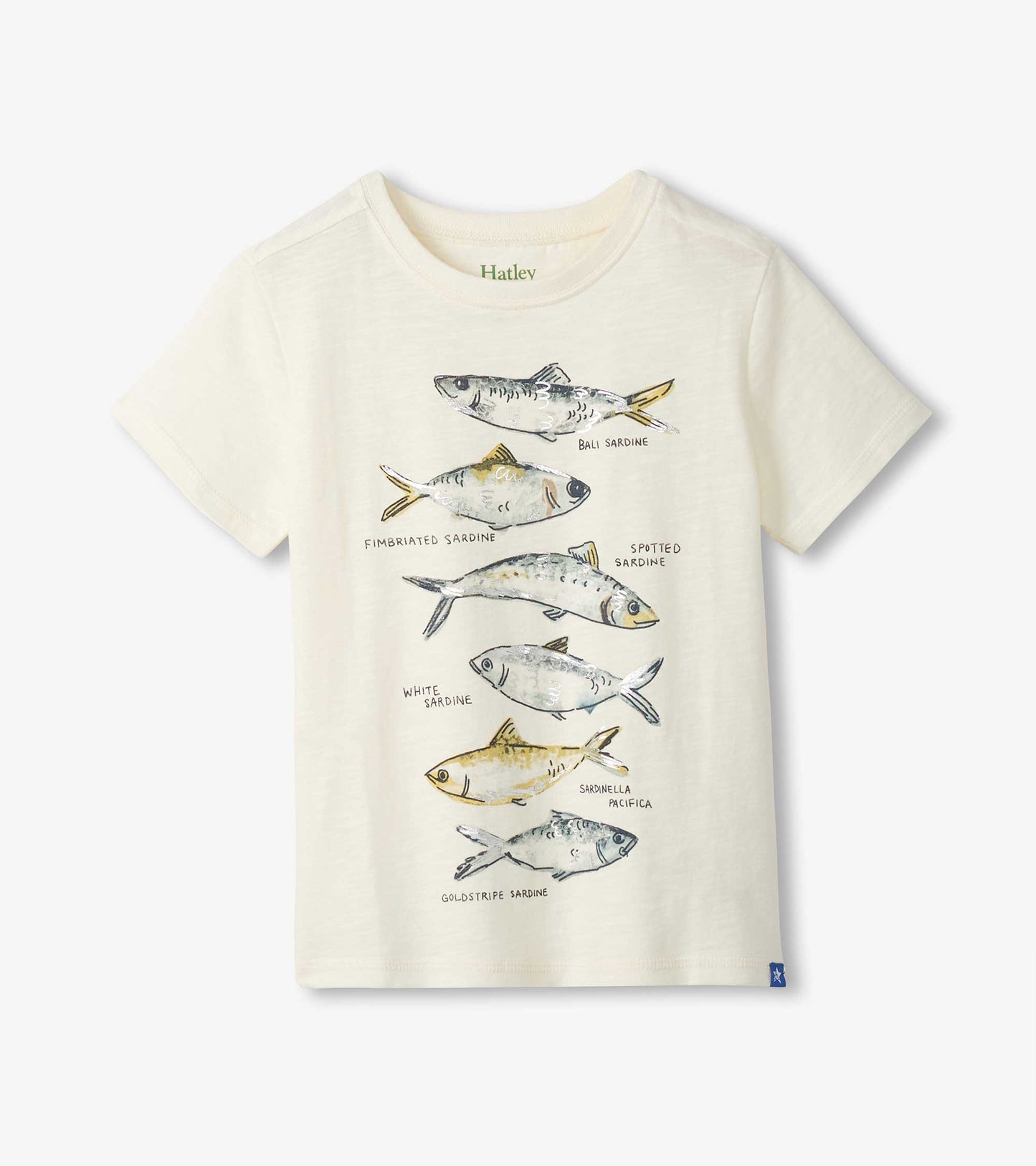 Cream short-sleeve boys tee with crew neck and stacked illustrated fish graphic on the front