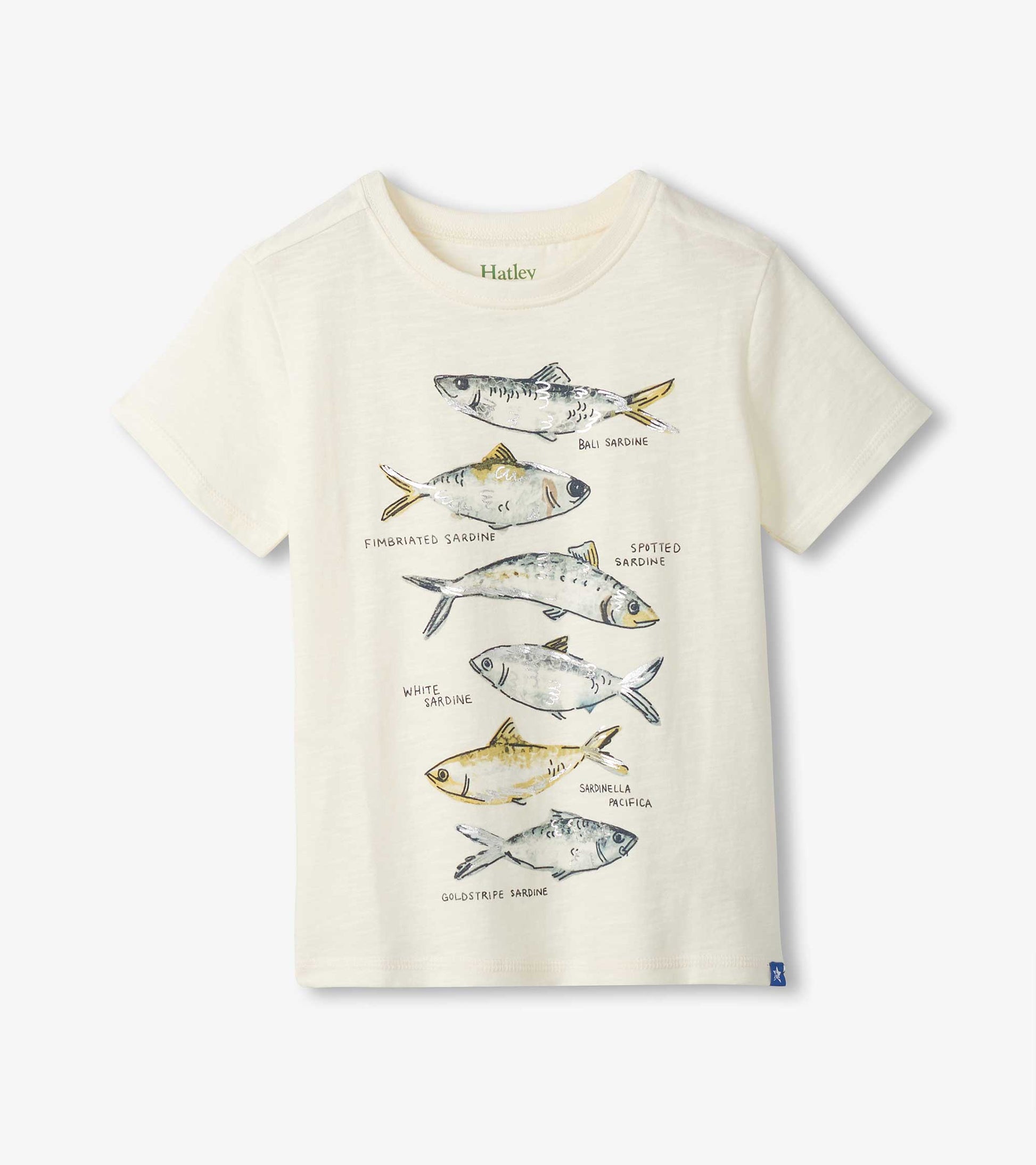 Cream short-sleeve boys tee with crew neck and stacked illustrated fish graphic on the front