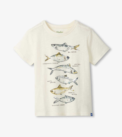 Cream short-sleeve boys tee with crew neck and stacked illustrated fish graphic on the front