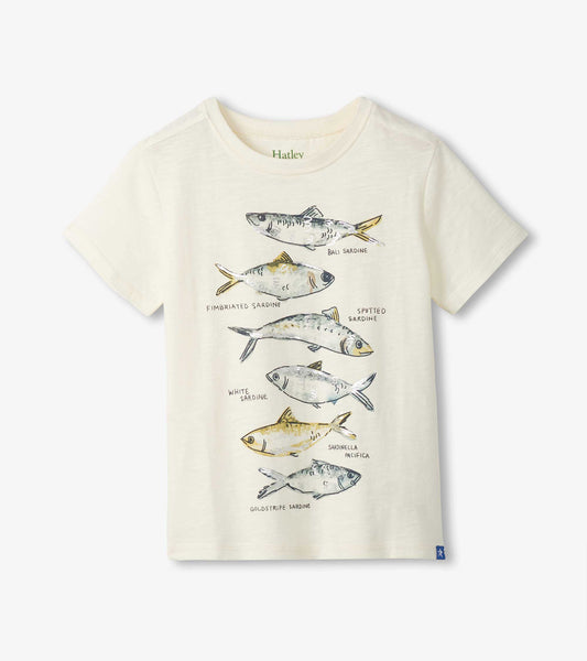 Cream short-sleeve boys tee with crew neck and stacked illustrated fish graphic on the front