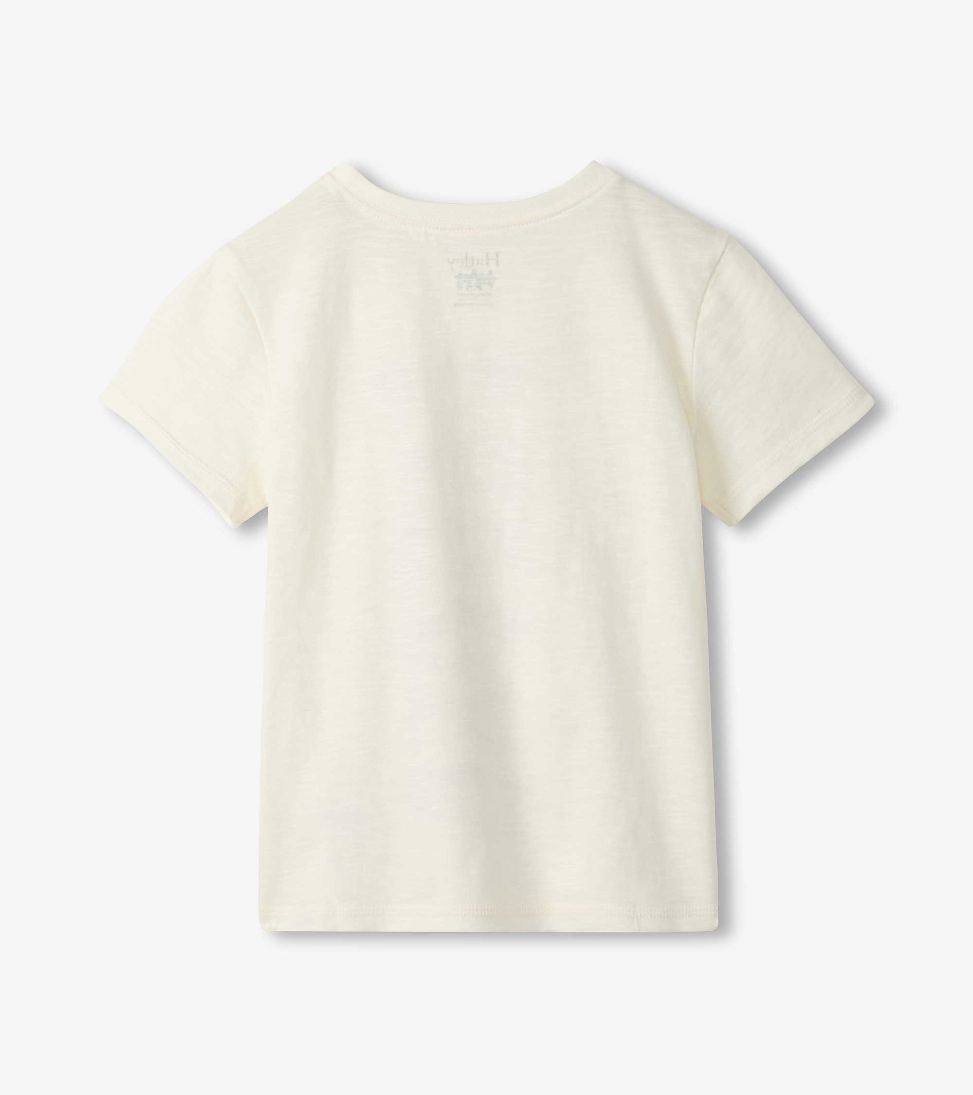 Cream short-sleeve boys T-shirt, back view, with subtle fish graphic on the upper back.