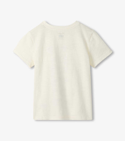 Cream short-sleeve boys T-shirt, back view, with subtle fish graphic on the upper back.