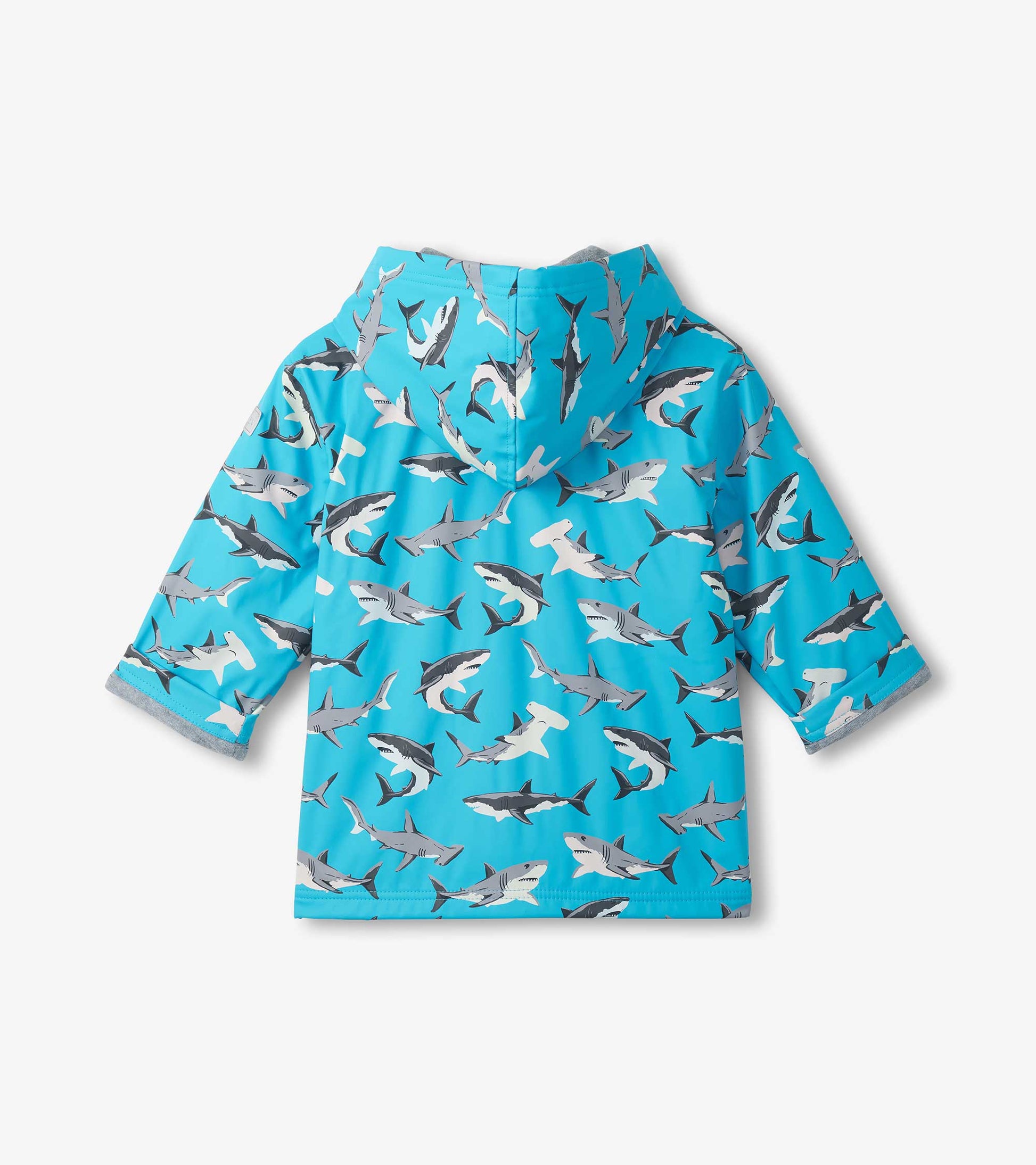 Blue hooded kids raincoat with allover shark print, long sleeves, and zip-up front, back view