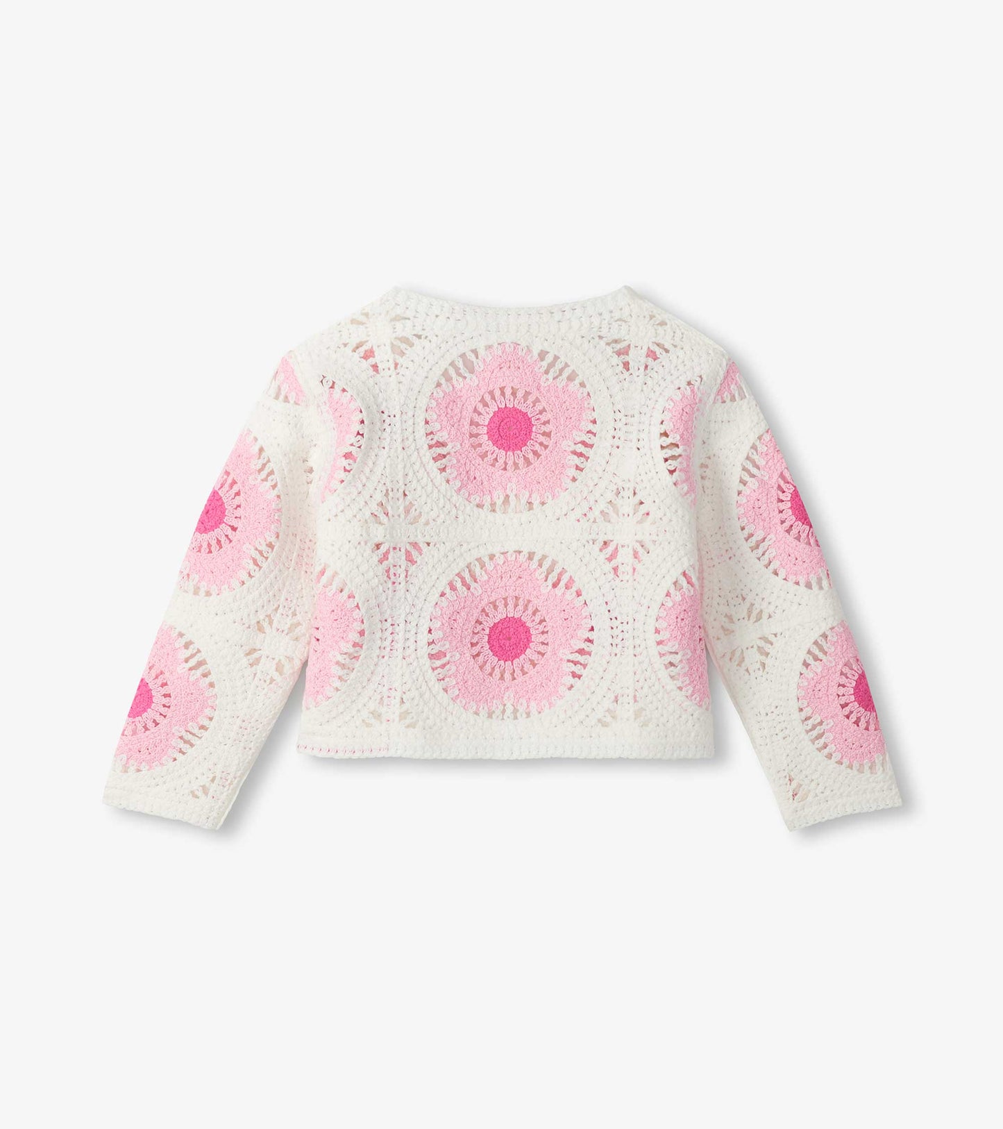 White crochet cardigan with pink circular floral pattern, long sleeves, front view