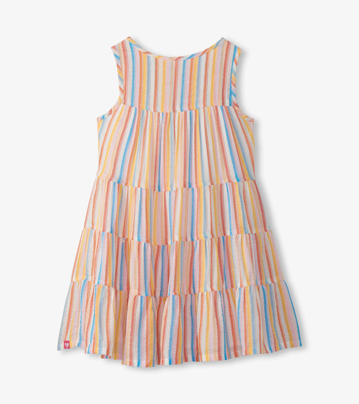 Back view of girls tiered dress with pastel vertical stripes and sleeveless bodice