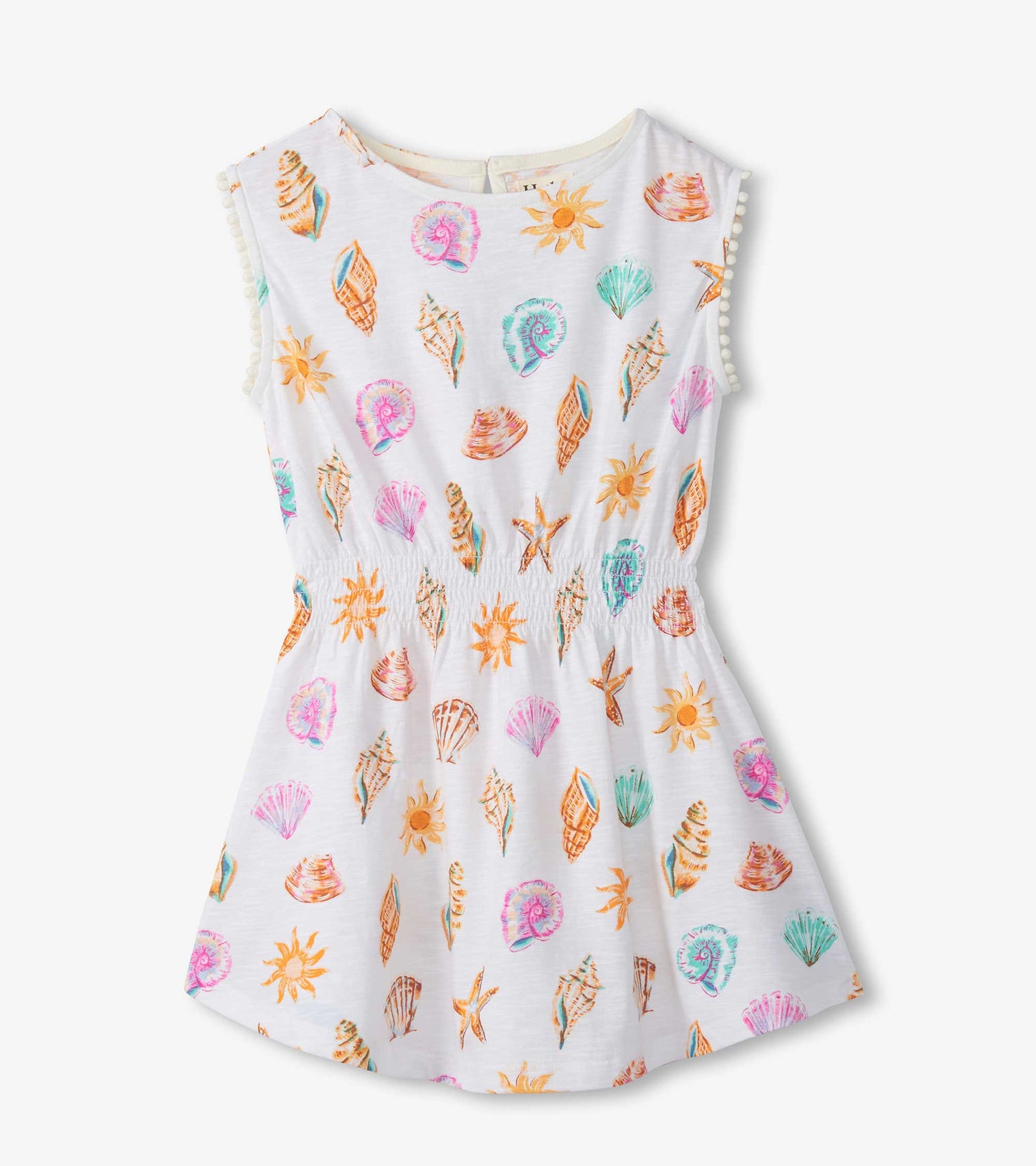 White sleeveless girls dress with colorful seashell and sun print, smocked waist, front view