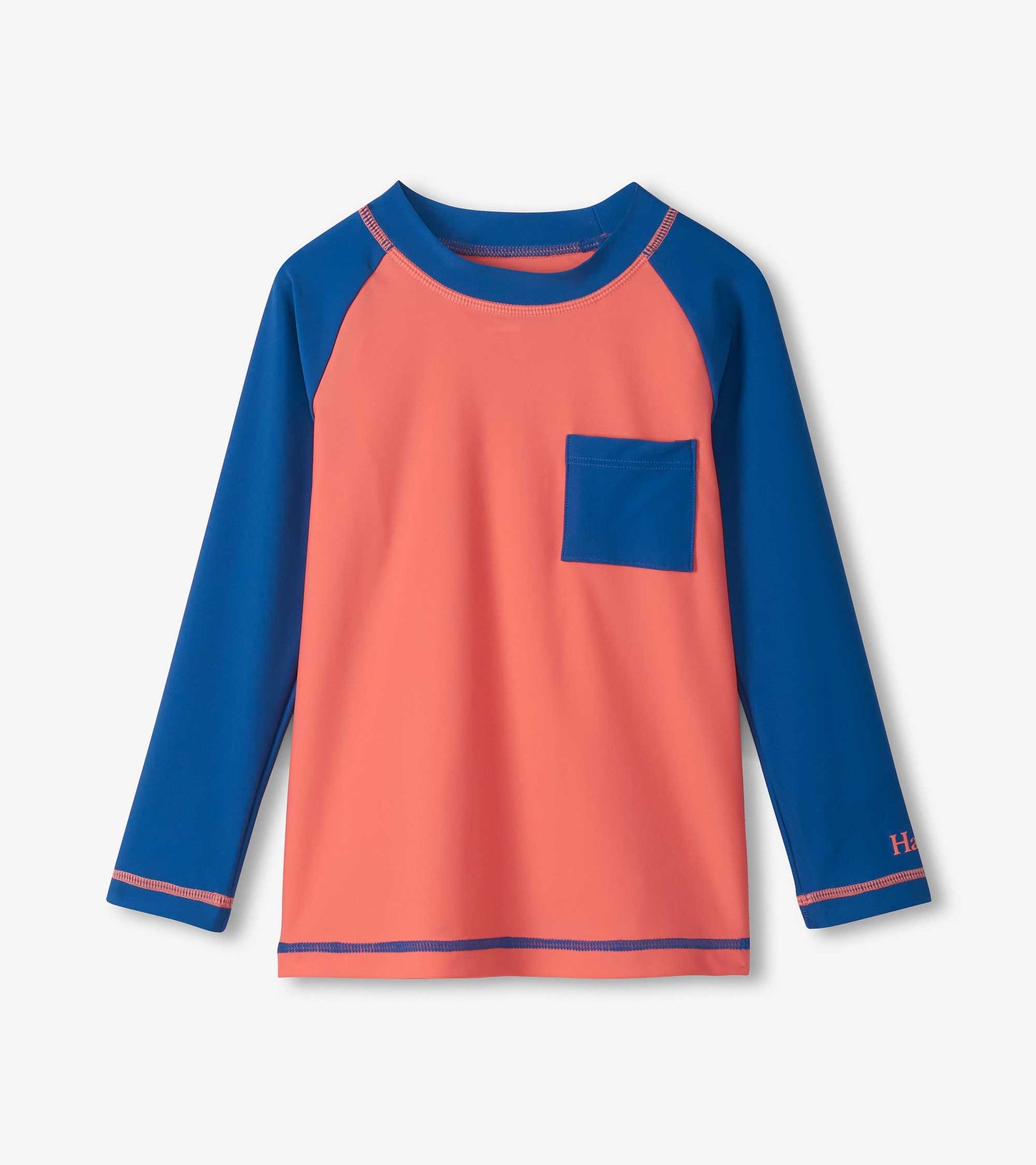 Coral and navy long sleeve rashguard with chest pocket, front view