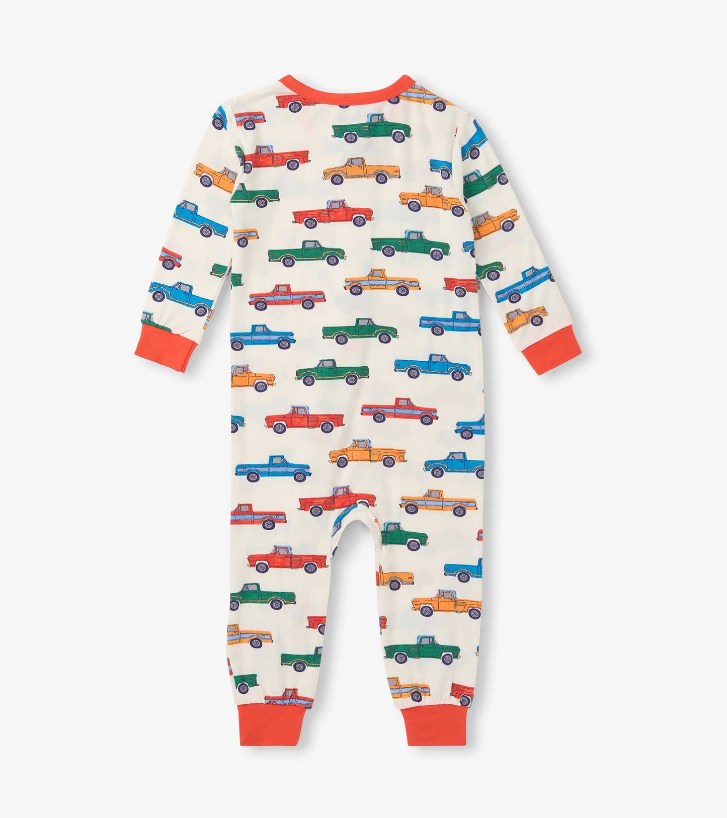 Cream baby sleeper with colorful truck print and orange trim, shown front view