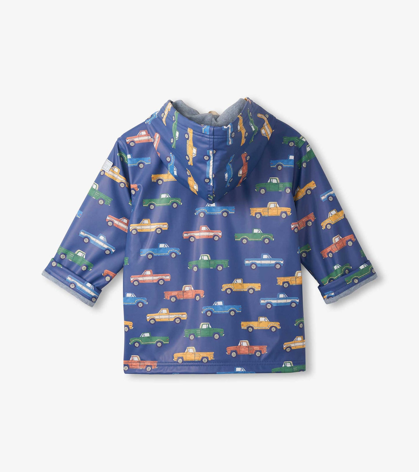 Blue zip-up boys raincoat with multicolor pickup truck print and hood, front view
