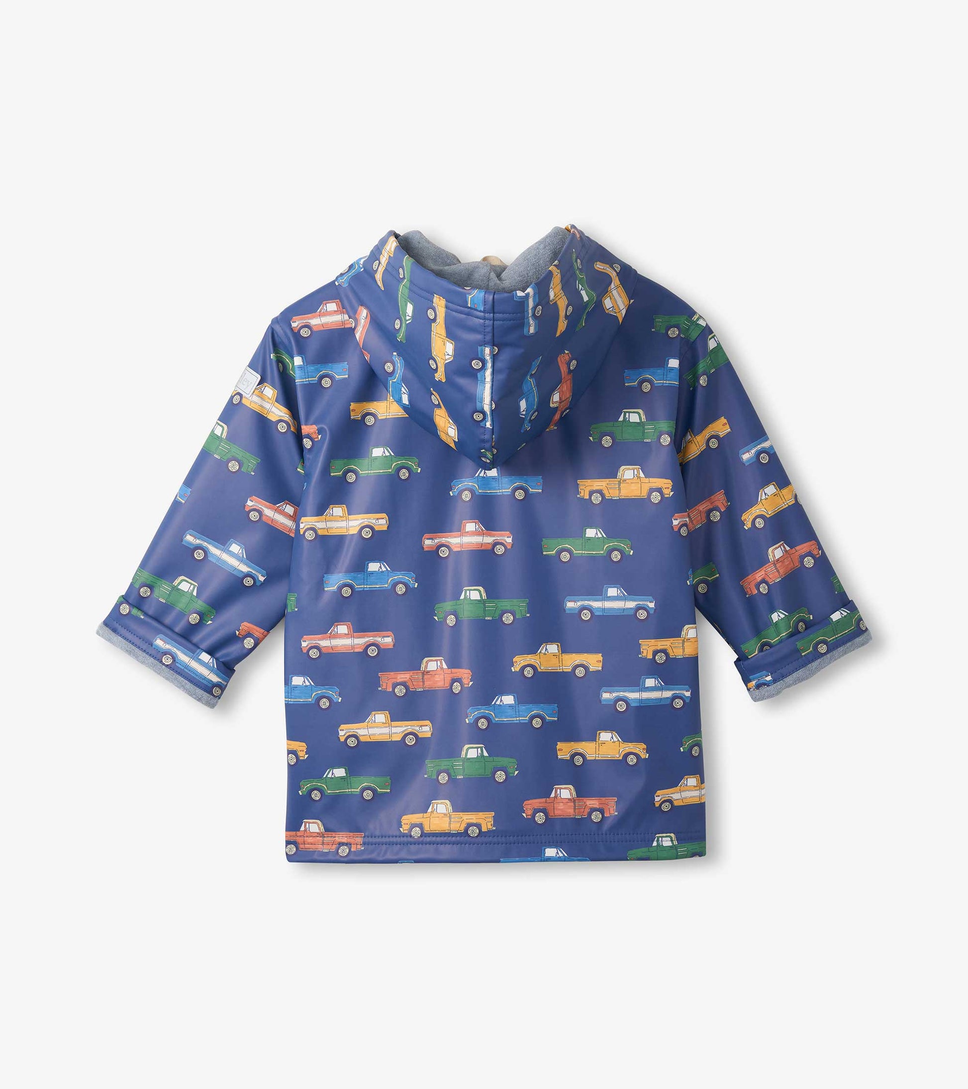 Blue zip-up boys raincoat with multicolor pickup truck print and hood, front view