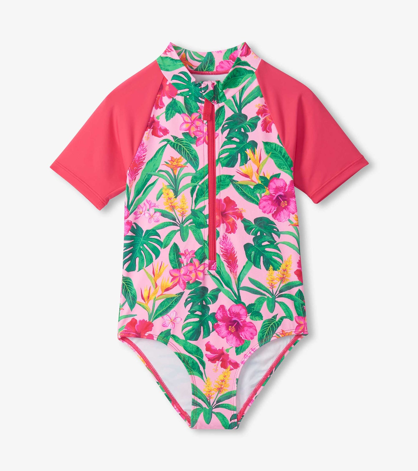 Girls Tropical Flowers Short Sleeve One-Piece Rashguard Swimsuit