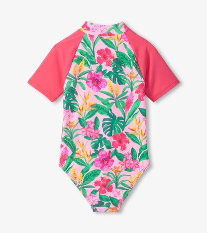 Girls Tropical Flowers Short Sleeve One-Piece Rashguard Swimsuit