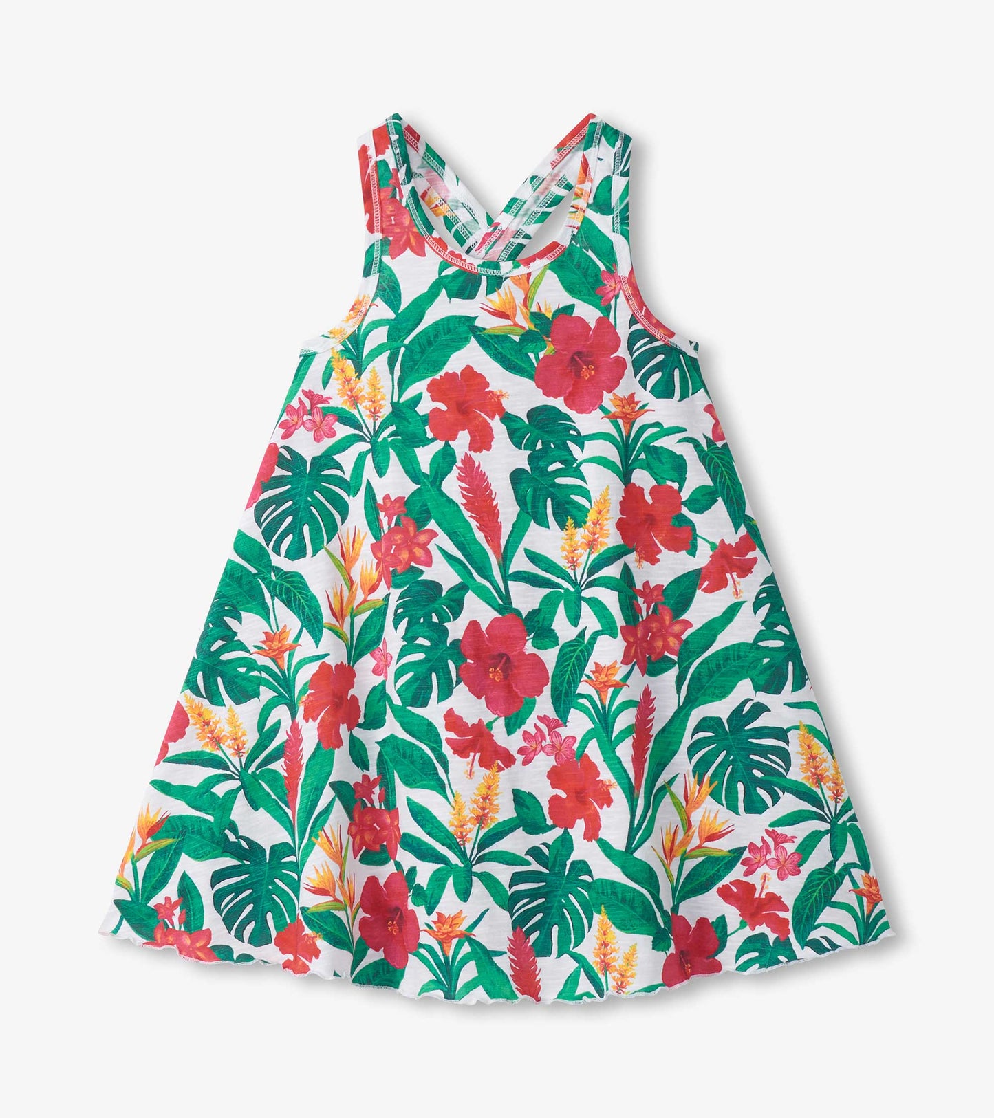 Girls white trapeze dress with green and red tropical floral print, sleeveless front view