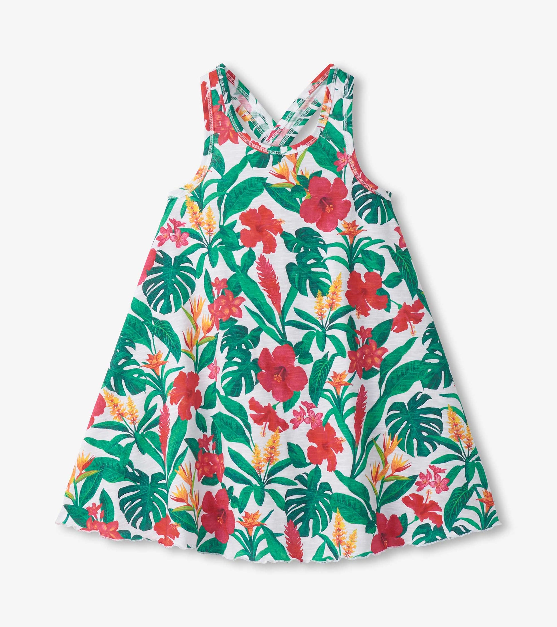 Girls white trapeze dress with green and red tropical floral print, sleeveless front view