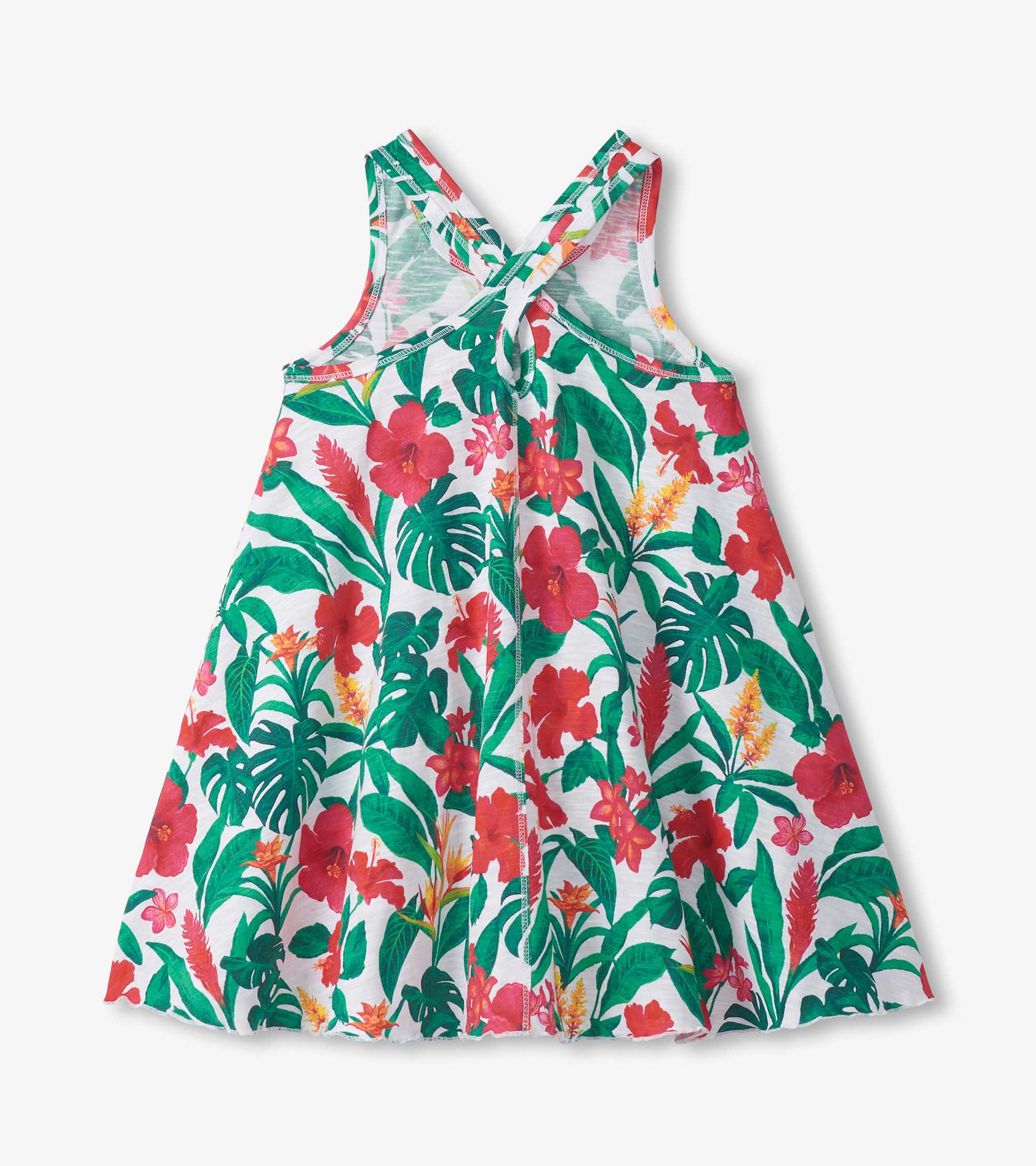 Girls white trapeze dress with tropical floral and green leaf print, sleeveless back view