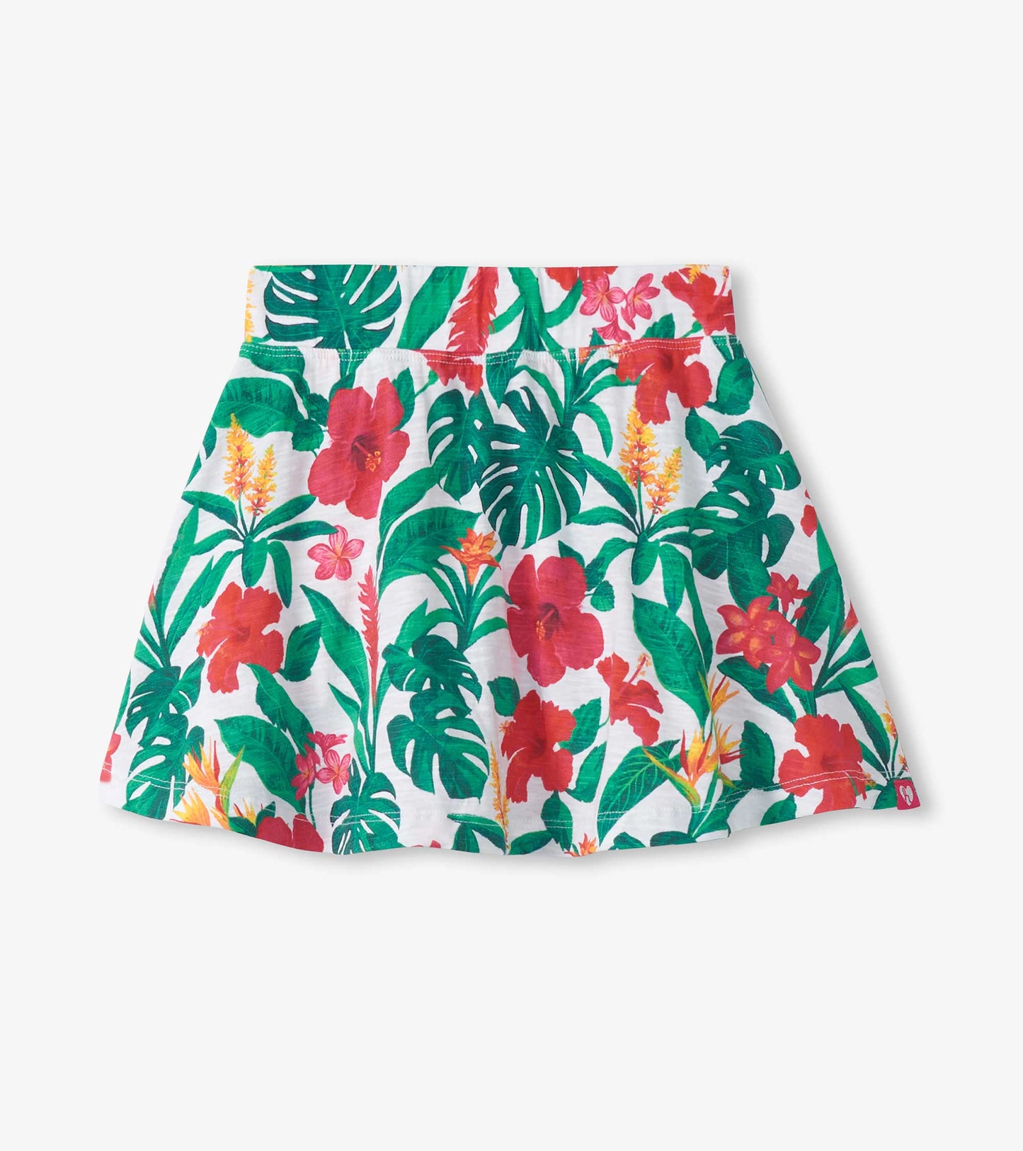 Girls tropical floral floaty skort with white background, green leaves, and red and pink flowers