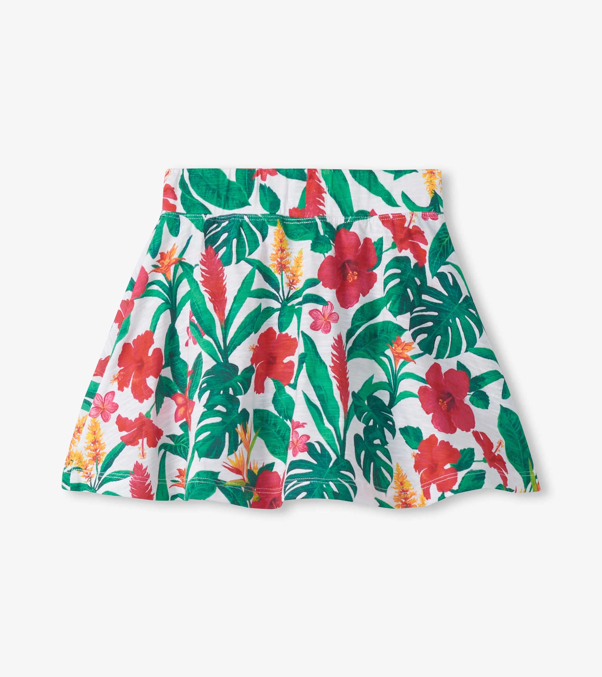 Girls white skort with tropical floral and leaf print, flared floaty silhouette, front view