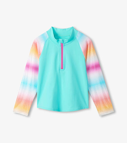 Girls Turquoise Shimmer Long Sleeve Two-Piece Rashguard Swimsuit