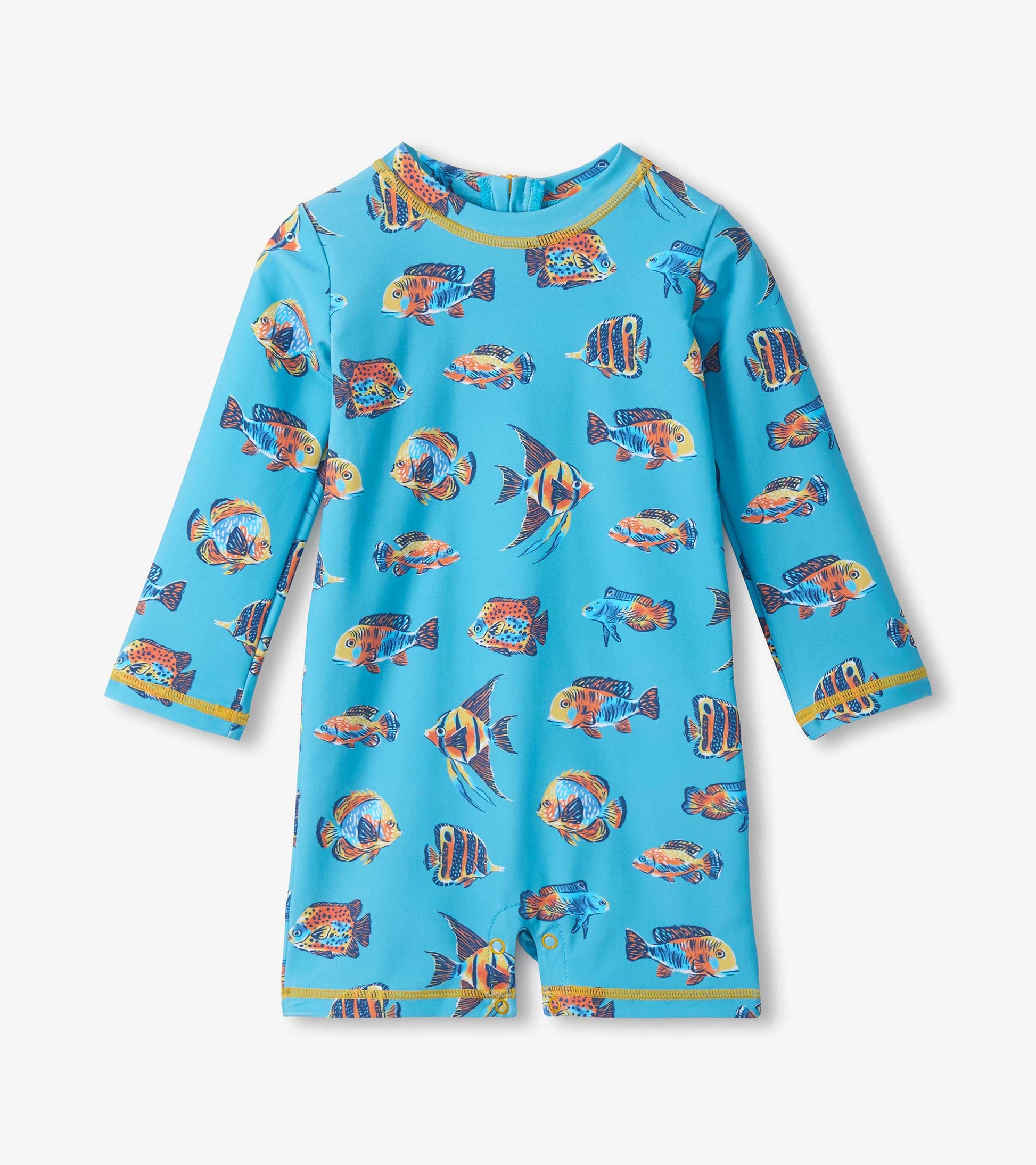 Blue long-sleeve baby rashguard swimsuit with colorful fish print and yellow trim, front view