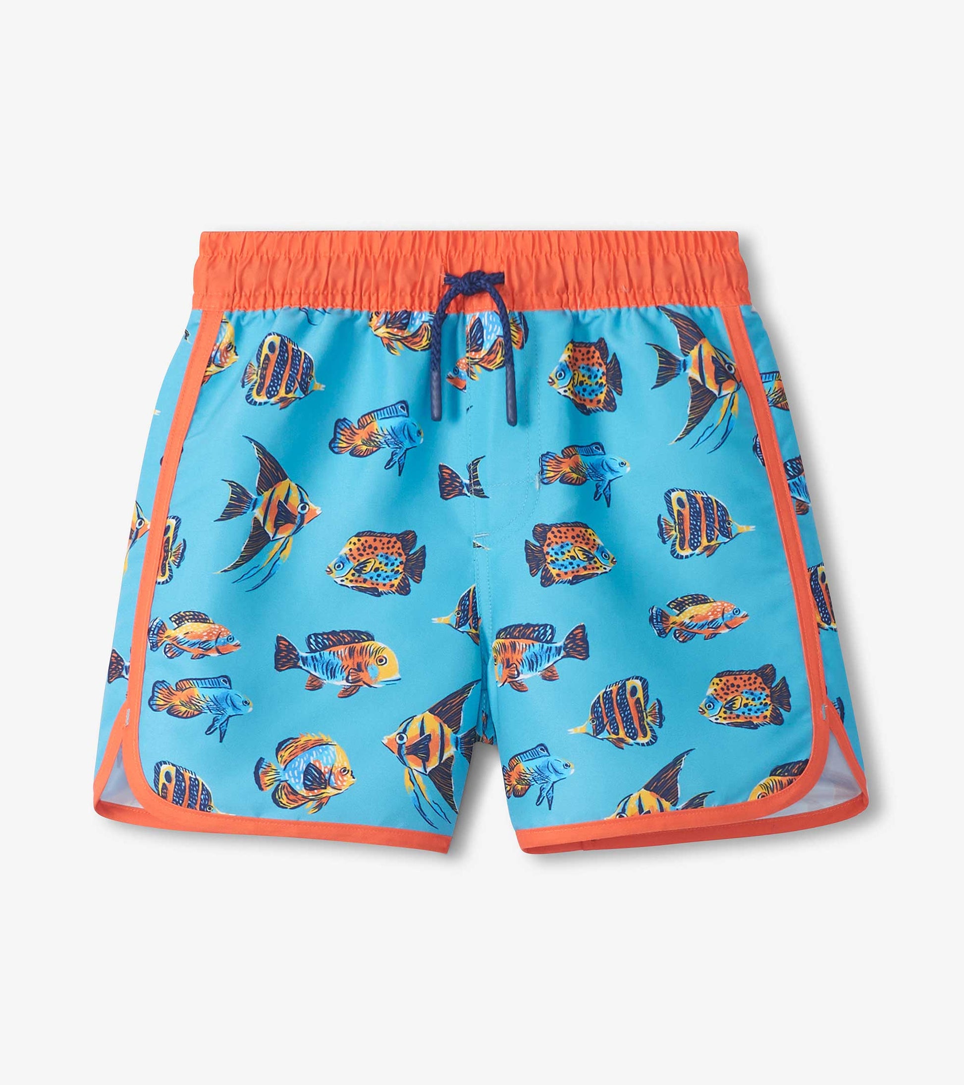 Blue boys swim trunks with tropical fish print, orange waistband and trim, front view