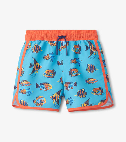 Blue boys swim trunks with tropical fish print, orange waistband and trim, front view