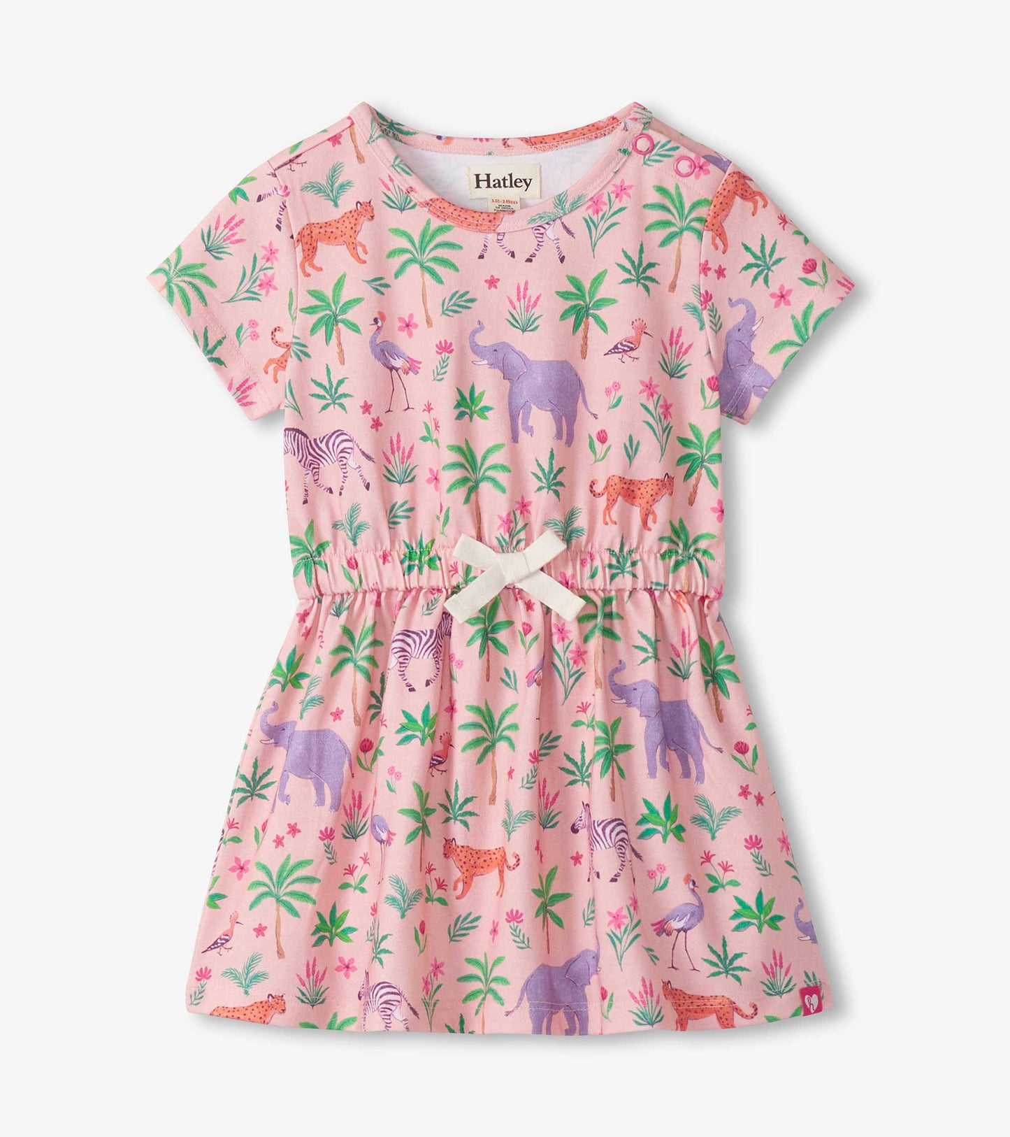 Pink short-sleeve dress with safari animal and palm tree print, gathered waist, and bow detail, front view