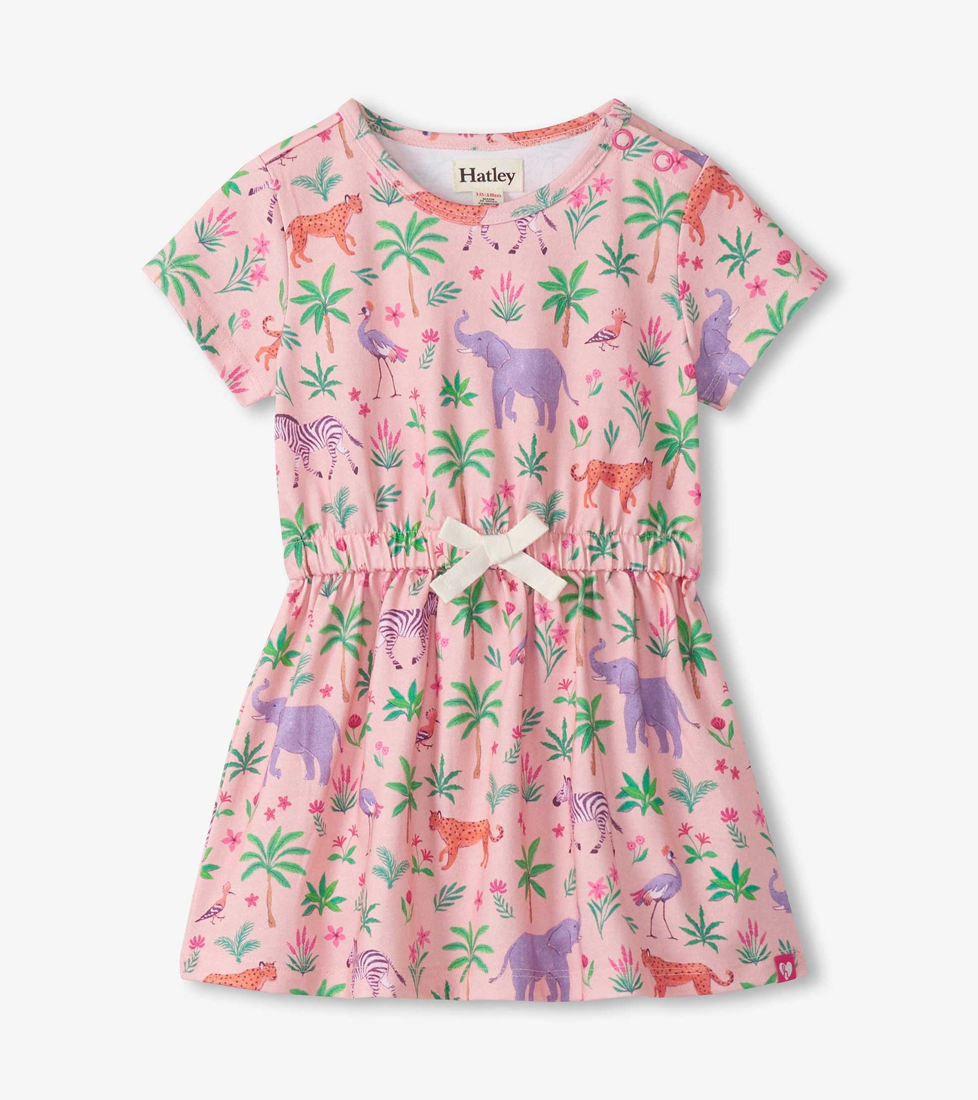 Pink short-sleeve dress with safari animal and palm tree print, gathered waist, and bow detail, front view