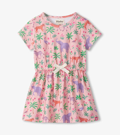 Pink short-sleeve dress with safari animal and palm tree print, gathered waist, and bow detail, front view
