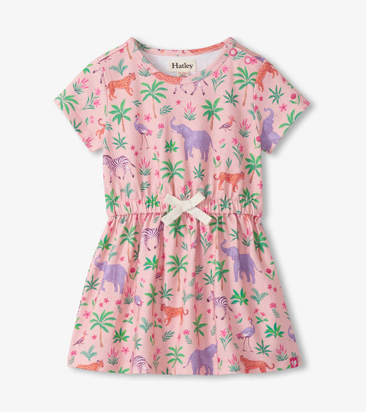 Pink short-sleeve dress with safari animal and palm tree print, gathered waist, and bow detail, front view