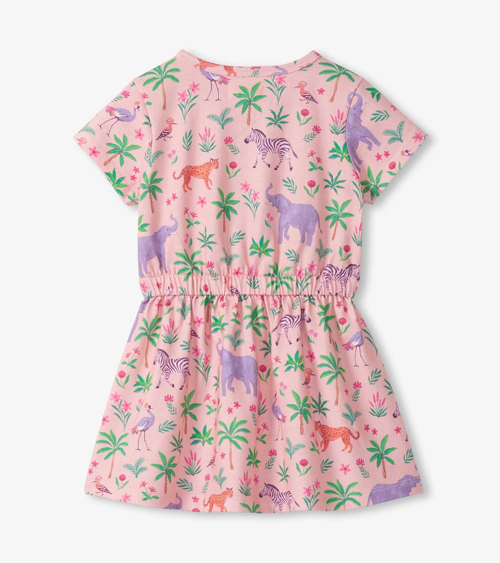Pink short-sleeve toddler dress with safari animal and palm tree print, gathered waist, front view